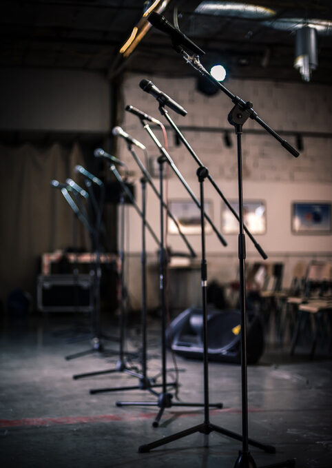 Row of microphones in the Billie Holliday Theatre in Bedford-Stuyvesant near the Refuge at 1 Halsey